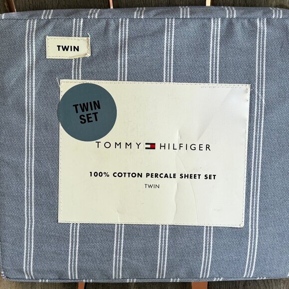 Tommy Hilfiger TWIN Size Cotton Sheet Set Crisp Percale (Effortless Blue Stripe) - Picture 1 of 4